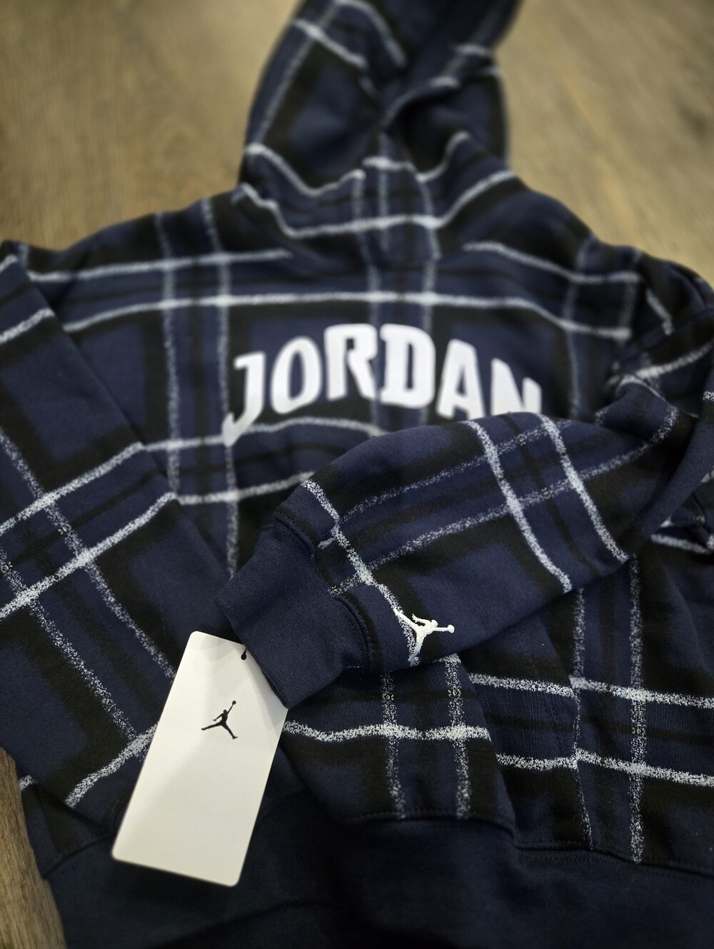 Jordan Navy Plaid Hoodie with White Logo